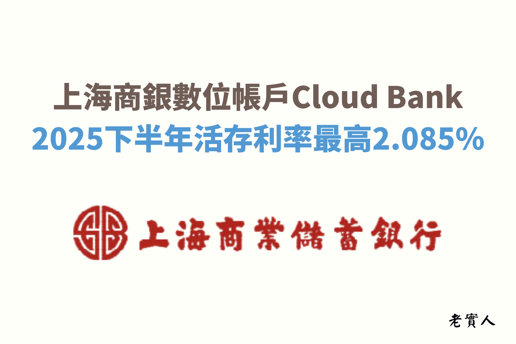 上海商銀的數位帳戶Cloud Bank提供台幣活存優惠,無論新舊戶,20萬元內無條件享2.085%,達成任務還可加碼額度上限,最高可享新台幣30萬元內2.085%的活存利率,每月提供跨行轉帳及跨行提款優惠10次。到底上海商銀的數位帳戶還有哪些優惠呢?老實人為各位詳細說明。